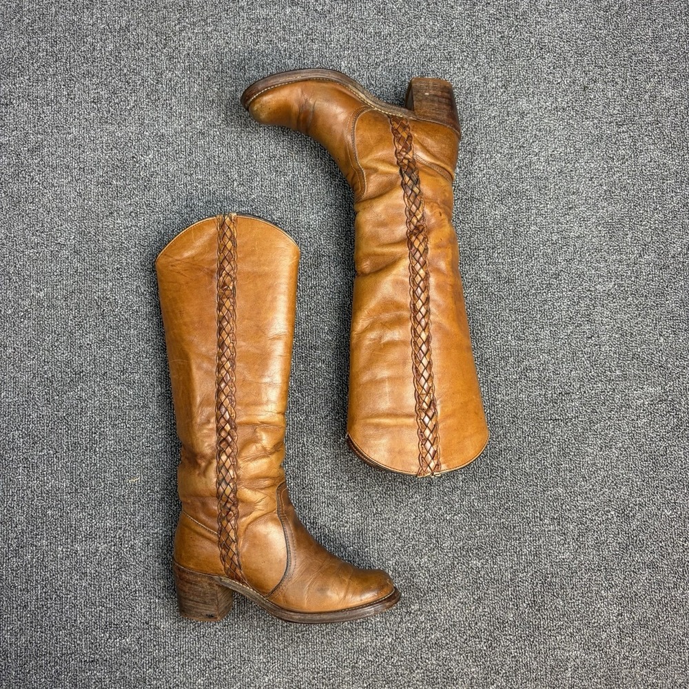 Vintage FRYE Black Label Braided 8549 Brown Leather Campus Boots Women's Size 6B